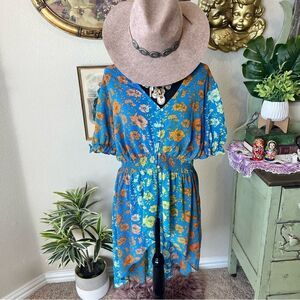 Cato Blue Orange Yellow Floral High Low V Neck Duster Blouse Plus 18/20W Western